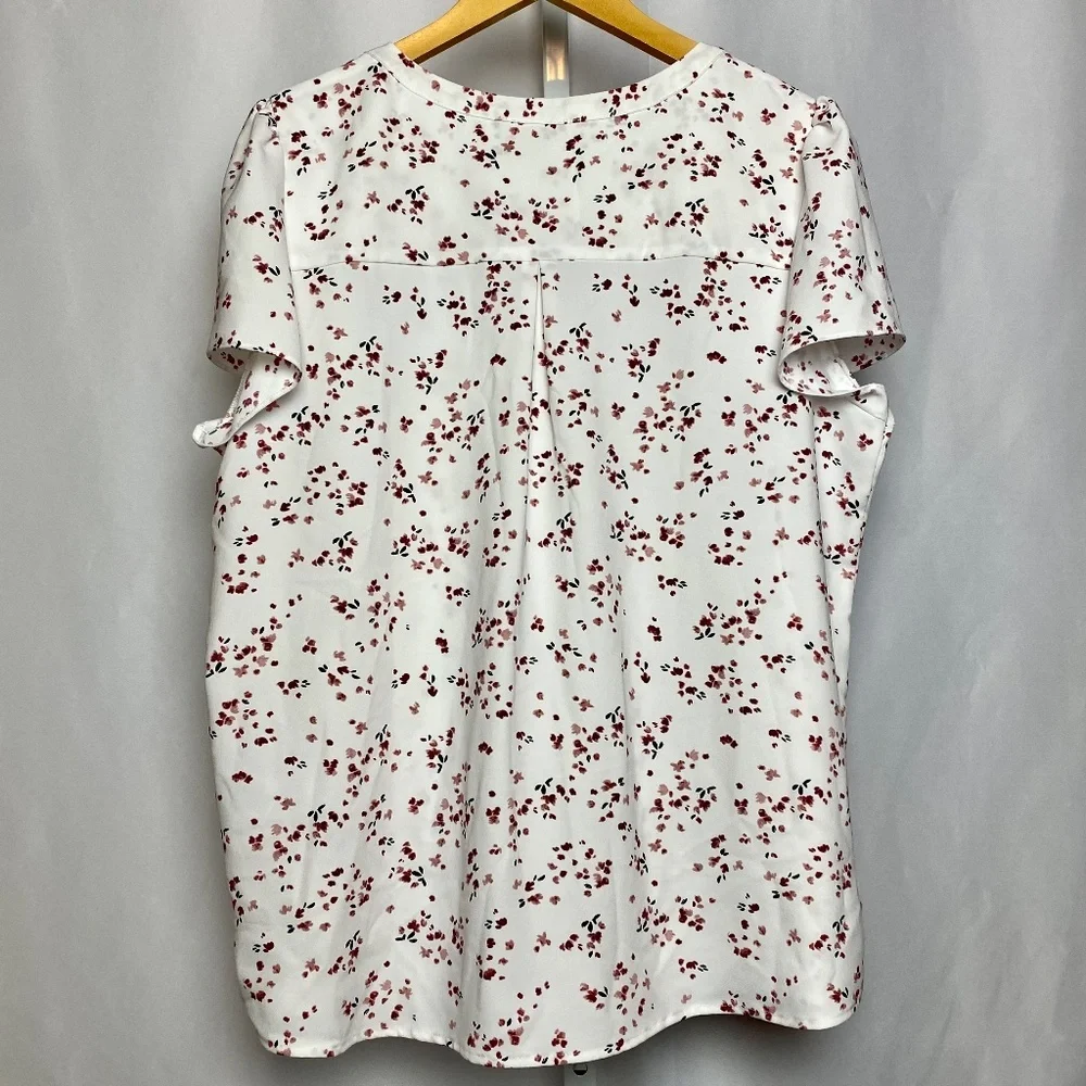 Hillary Radley Womenʻs White Floral Split Neck Short Sleeve Blouse Large